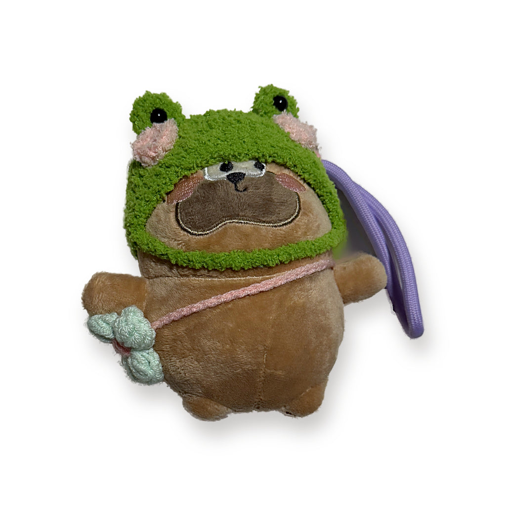 PUUG pug plush bag charm in a green crochet frog hat, front view