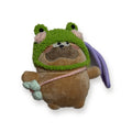 PUUG pug plush bag charm in a green crochet frog hat, front view
