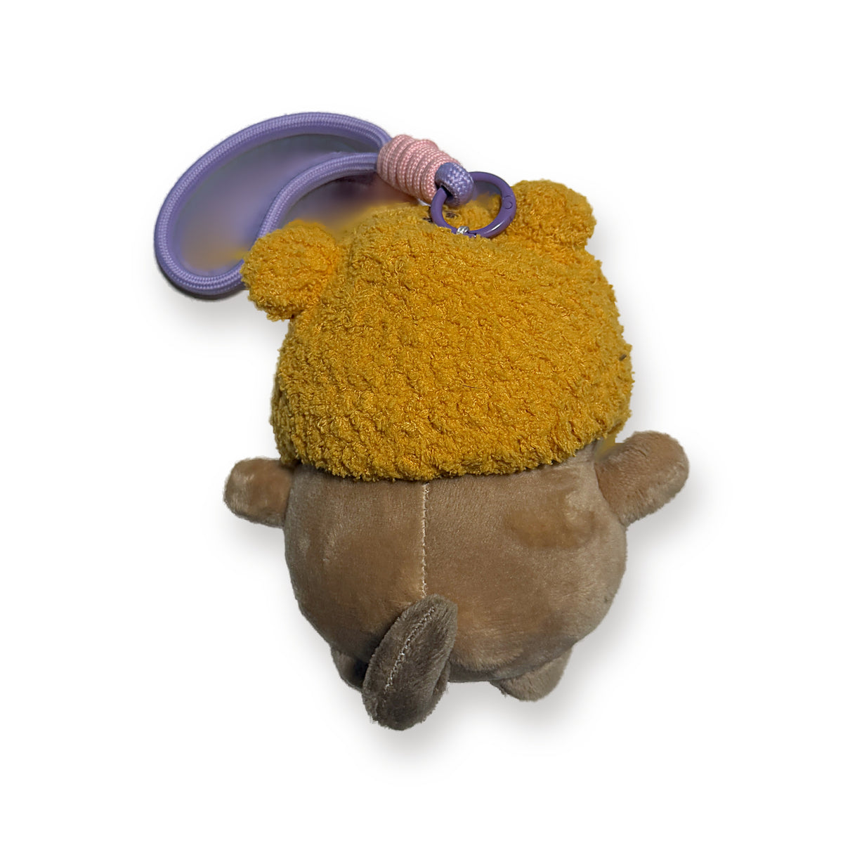 PUUG pug plush bag charm in a yellow crochet tiger hat, back view with paracord strap