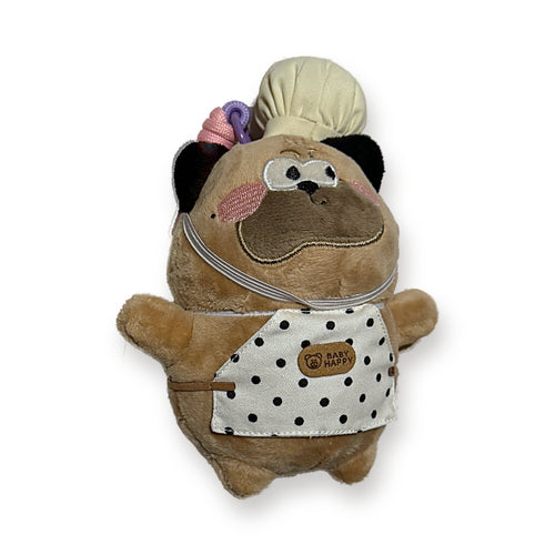 PUUG pug plush bag charm in a cream chef hat with polka dot bib, front view