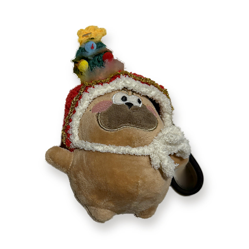PUUG pug plush bag charm in a red crochet santa hat, front view