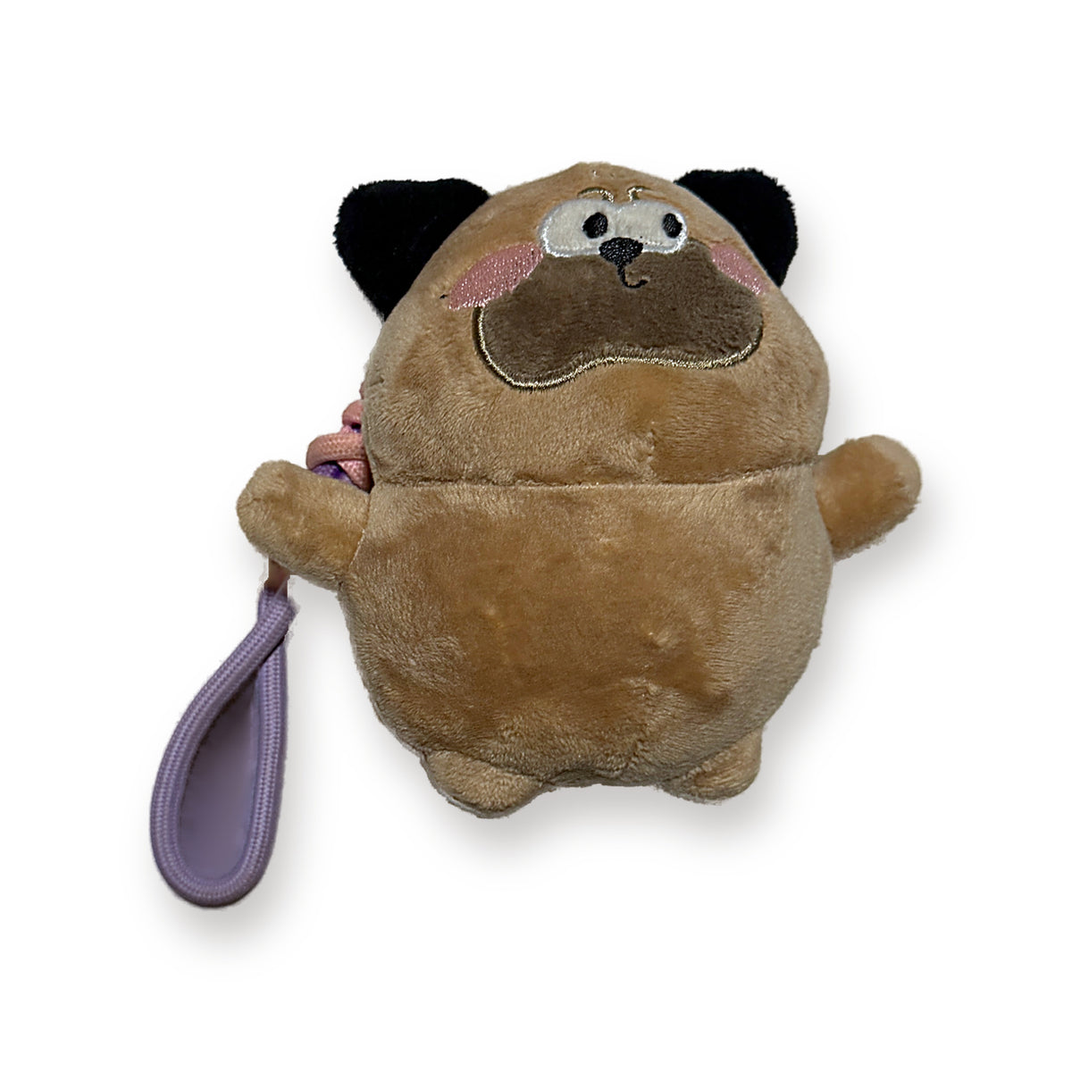 PUUG pug plush bag charm without a hat, front view of the plush body