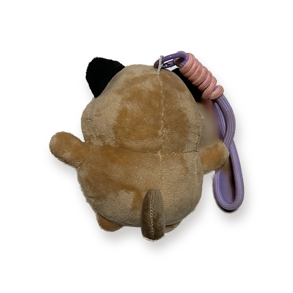 PUUG pug plush bag charm without a hat, back view showing the paracord strap