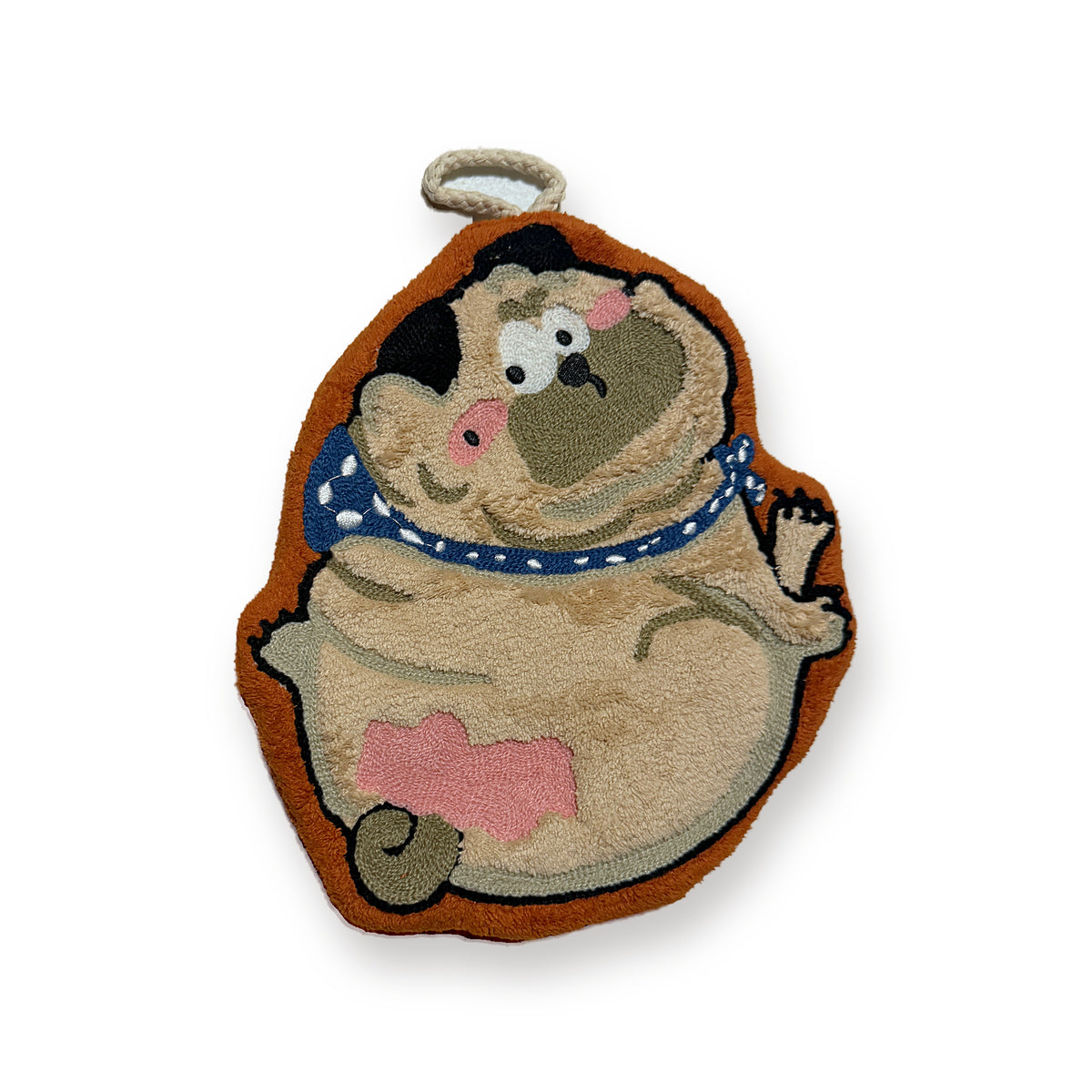 Tufted pug-shaped hand towel with hanging loop