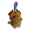 PUUG pug plush bag charm in a crochet reindeer hat with antlers and a red nose, front view