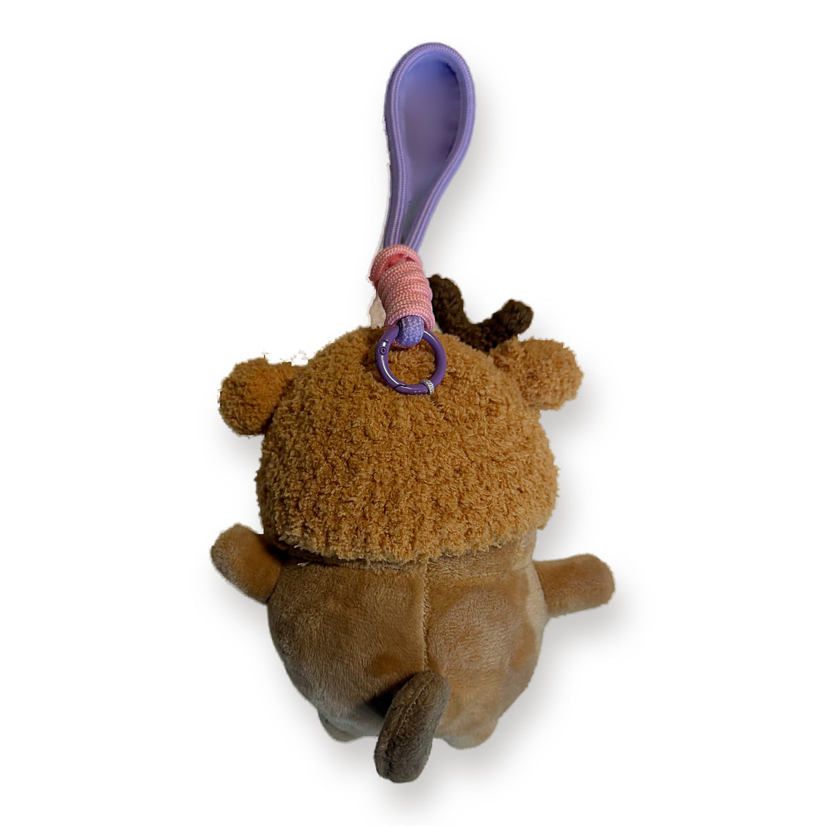 PUUG pug plush bag charm in a crochet reindeer hat, back view with paracord strap and clip